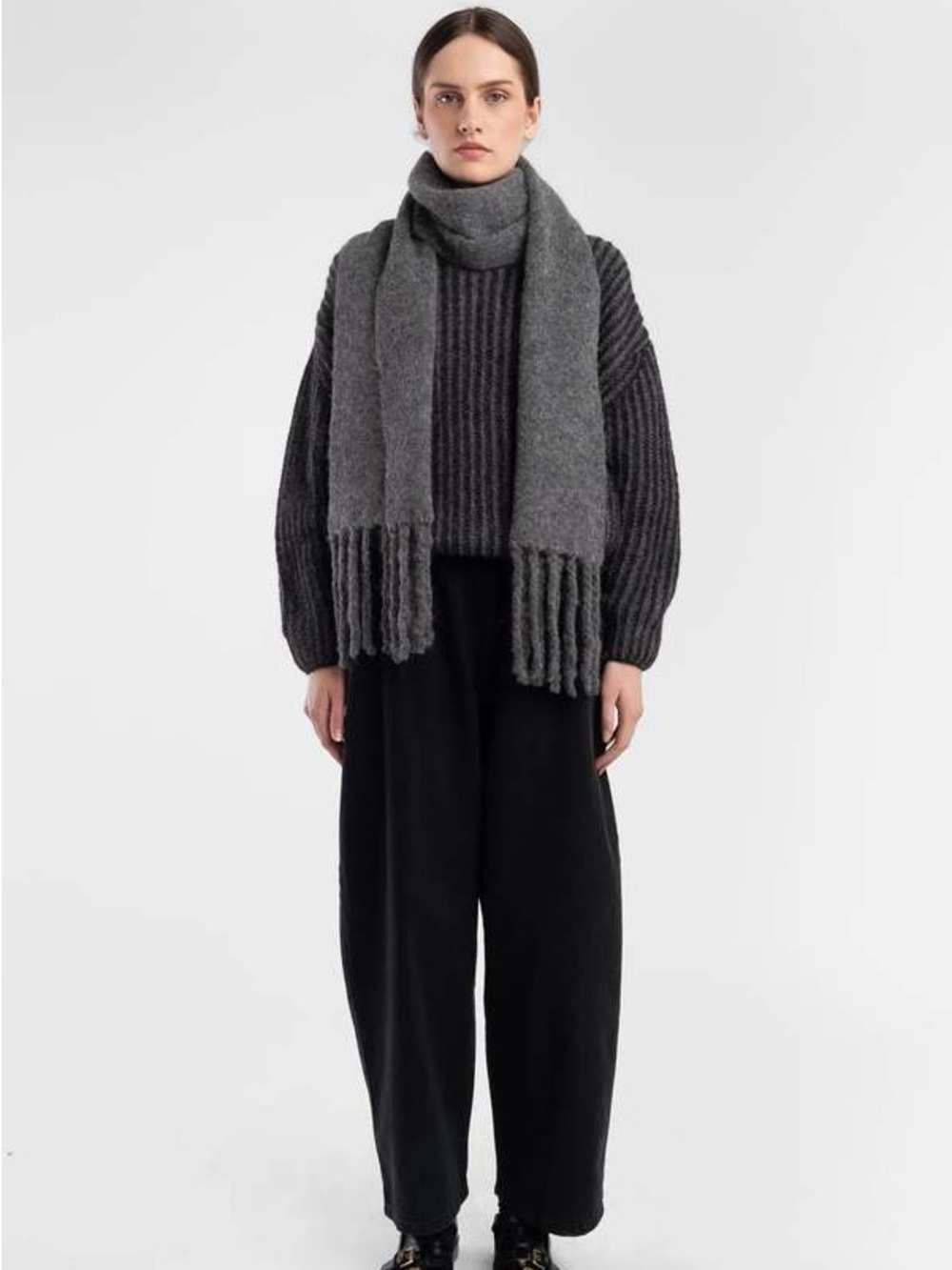 Micaela Grey Dark Grey Fringe Scarf